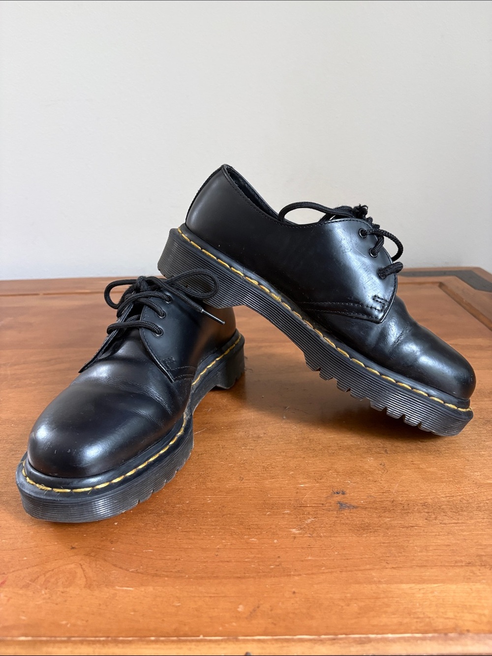 Dr. Martens 1461 Bec Black Leather Lace-Up Derbys with Yellow Stitching Size 8